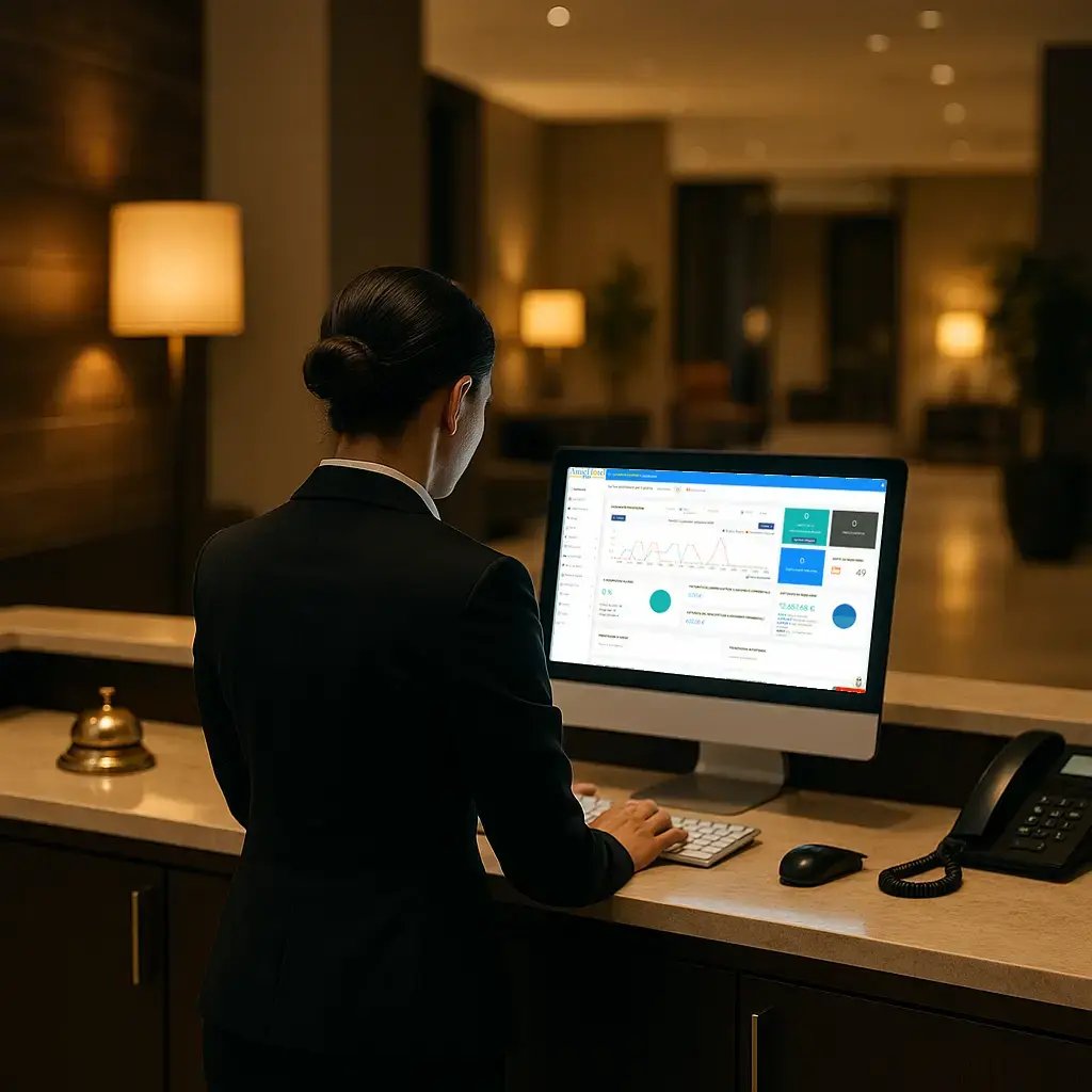 Immagine della reception di un hotel con il bancone in primo piano e dietro una receptionist che lavora al computer